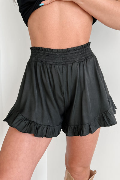 Silk & Spice Ruffle Hem High Rise Shorts (Black) - NanaMacs