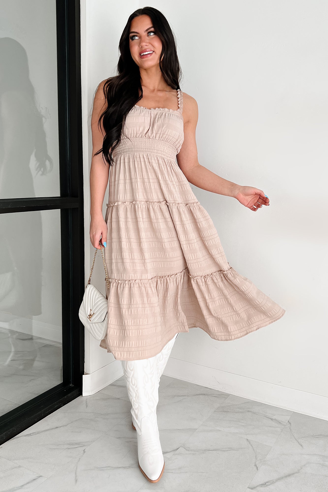 Women's Quiet Elegance Ruffle Tiered Midi Dress in Almond - Size L Women's Quiet Elegance Ruffle Tiered Midi Dress in Almond - Size L