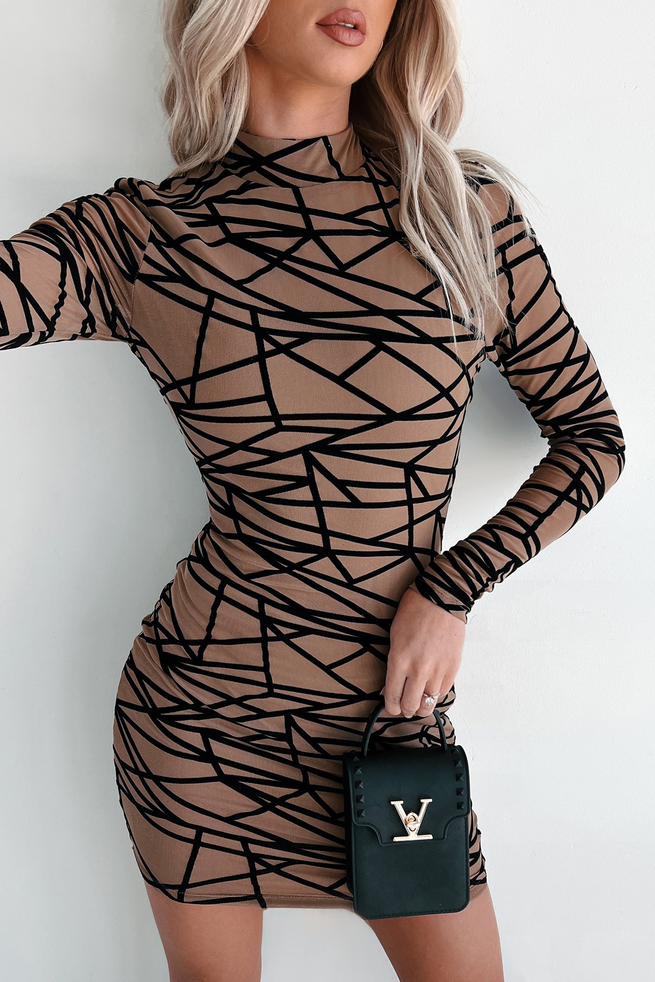 It's My World Geometric Mesh Bodycon Dress (Mocha)