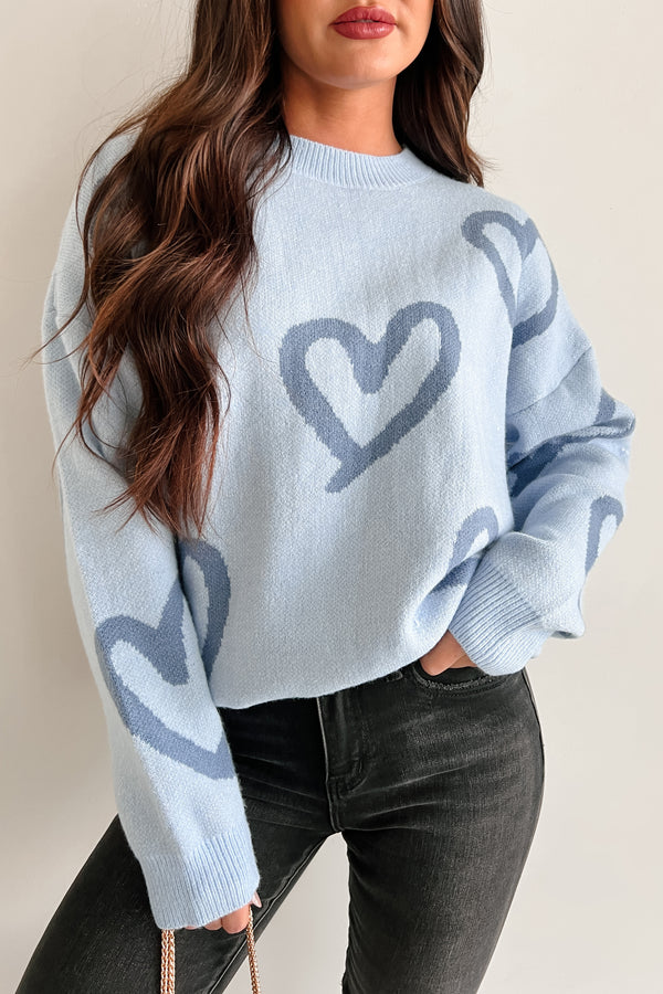 My New Crush Heart Printed Knit Sweater (Blue) - NanaMacs