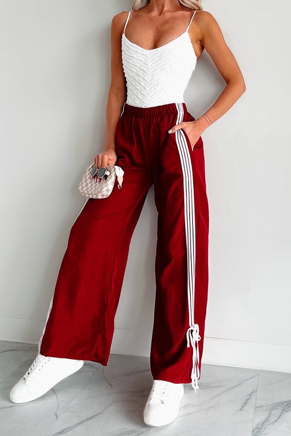 Colby Side Stripe Ribbon Tie Track Pants (Vintage Red) - NanaMacs