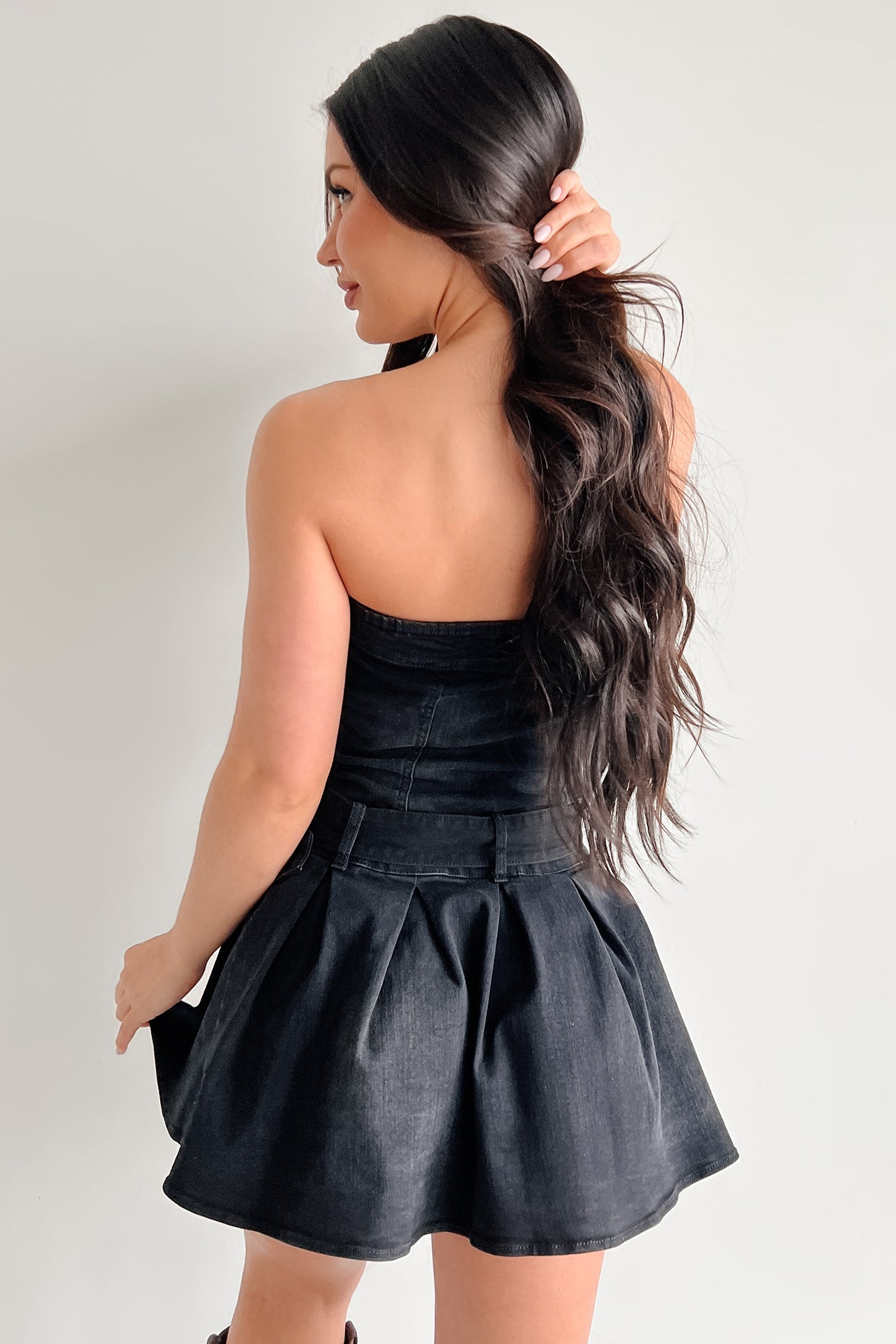 Leading By Example Strapless Denim Mini Dress (Black) - NanaMacs