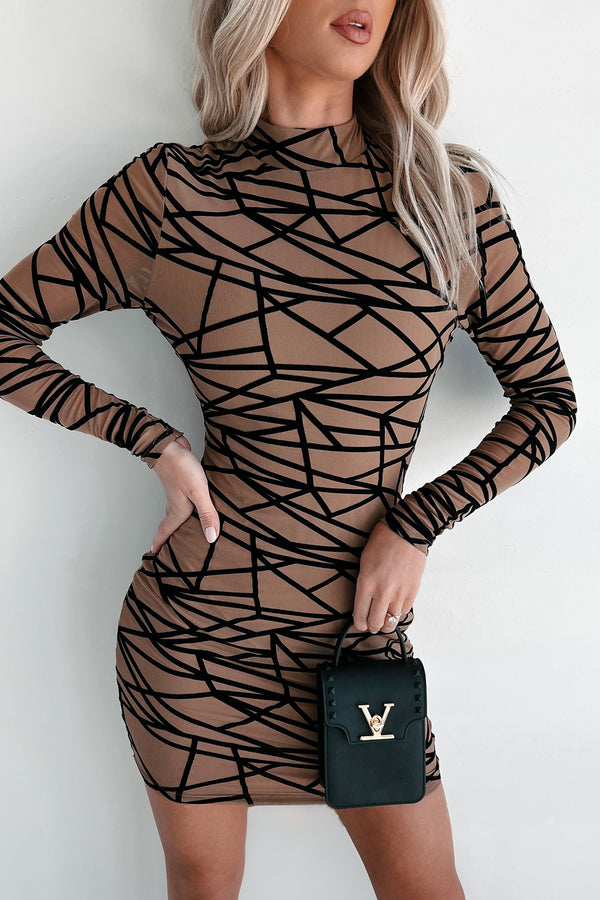 It's My World Geometric Mesh Bodycon Dress (Mocha) - NanaMacs