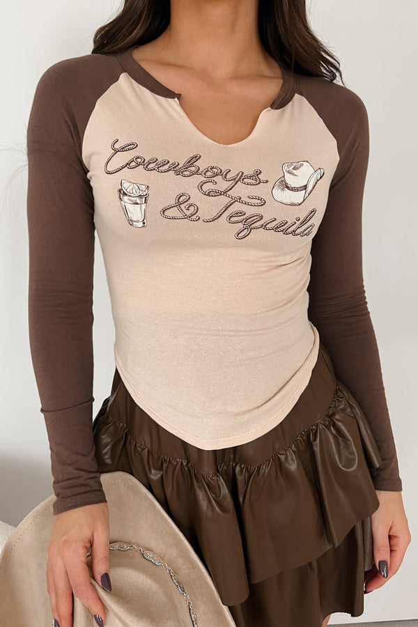 "Cowboys & Tequila" Raglan Long Sleeve Top (Beige) - NanaMacs