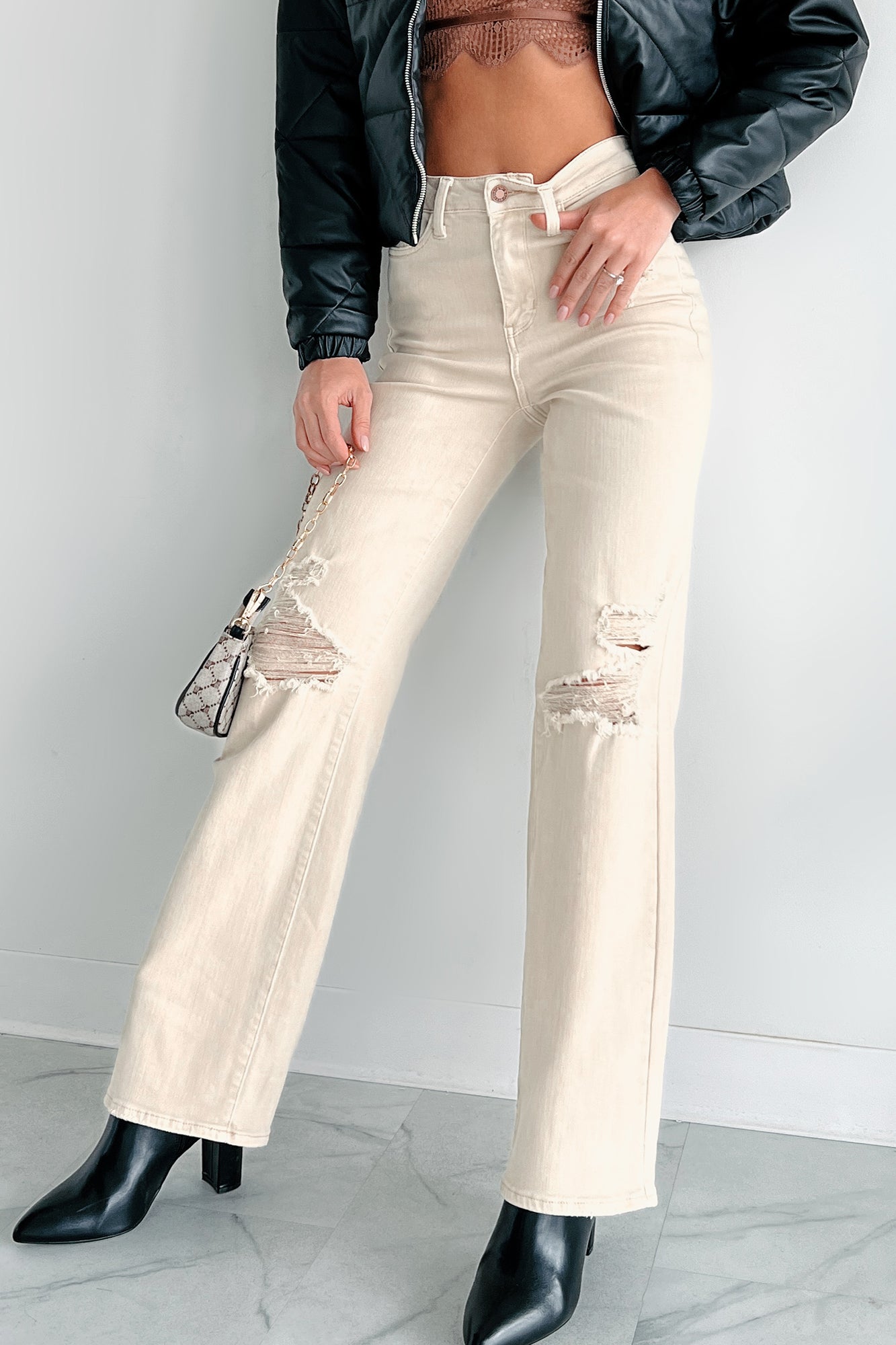 Linetta High Rise Distressed Judy Blue Straight Leg Jeans (Bone) - NanaMacs