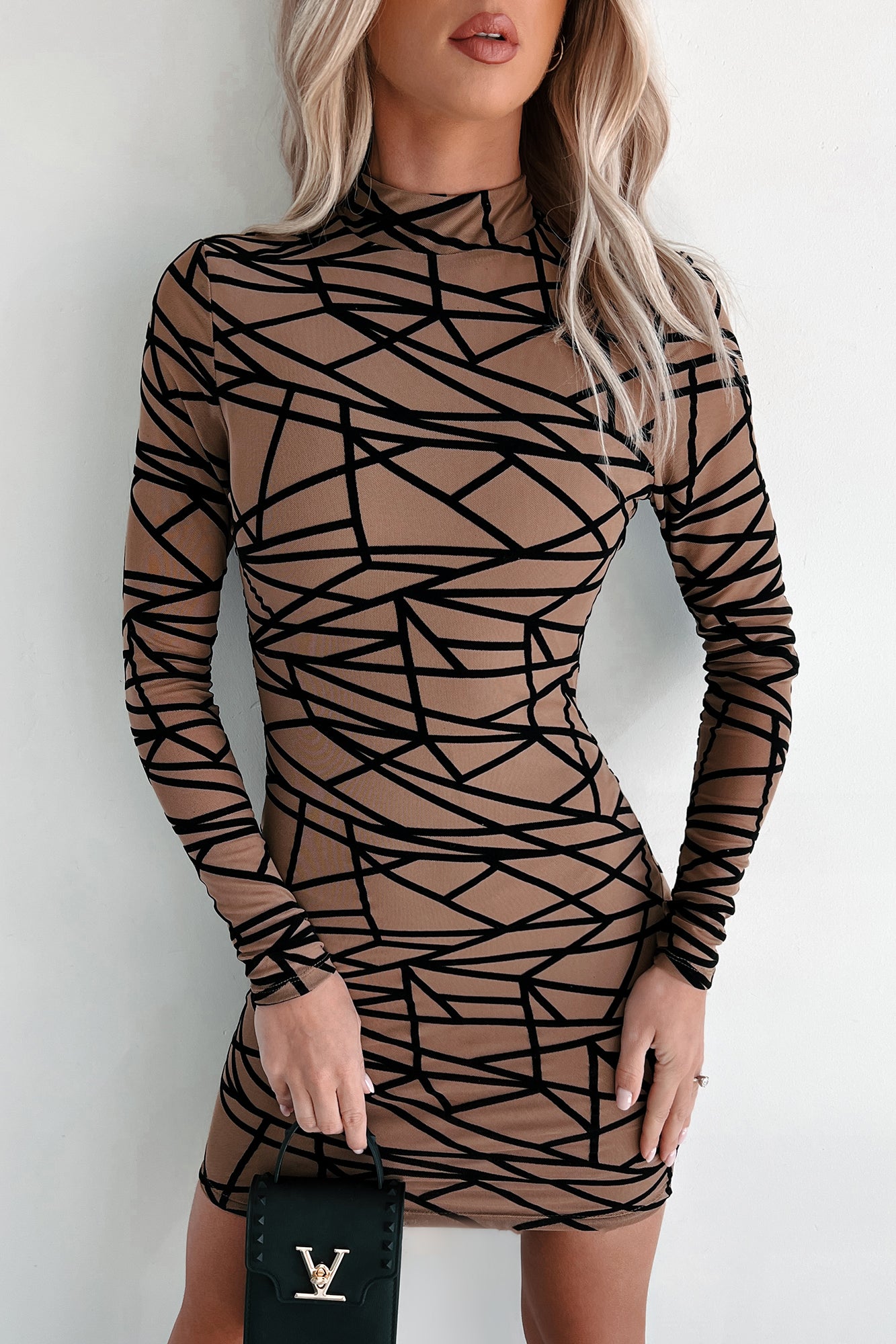 It's My World Geometric Mesh Bodycon Dress (Mocha) - NanaMacs