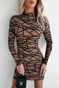 It's My World Geometric Mesh Bodycon Dress (Mocha) - NanaMacs