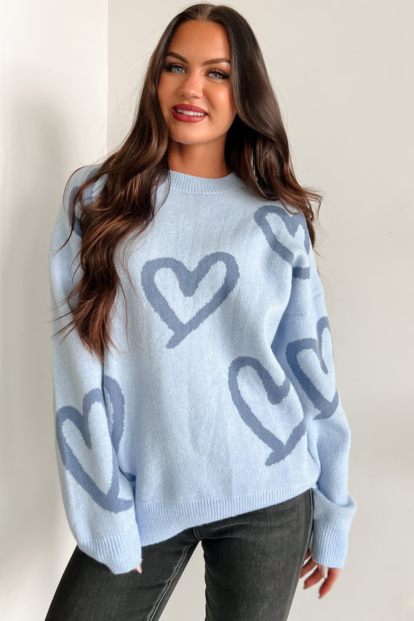 My New Crush Heart Printed Knit Sweater (Blue) - NanaMacs