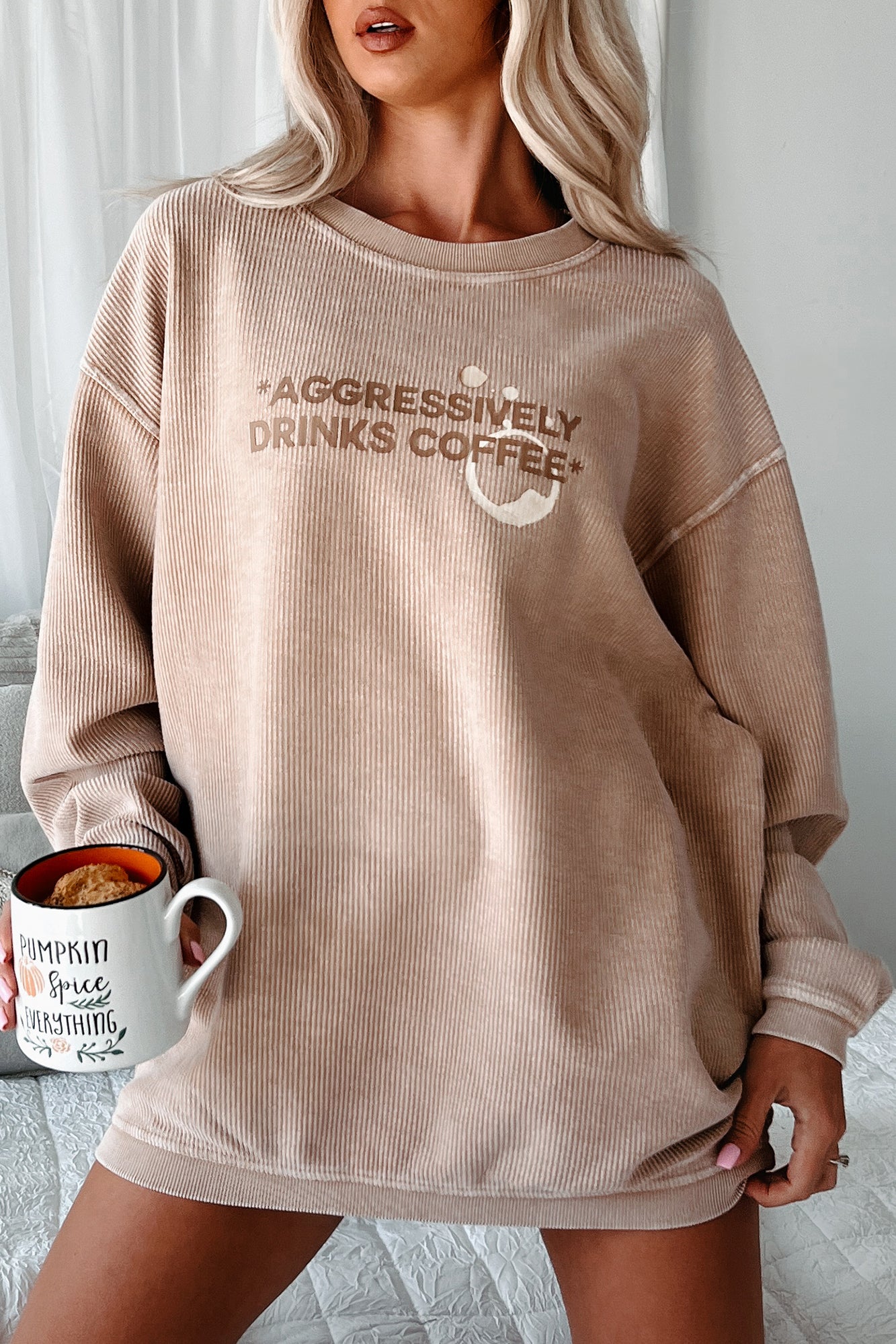 "Aggressively Drinks Coffee" Corded Graphic Crewneck (Latte) - Print On Demand - NanaMacs