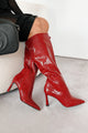 Spicy Attitude Faux Croc Knee High Stiletto Boots (Red) - NanaMacs