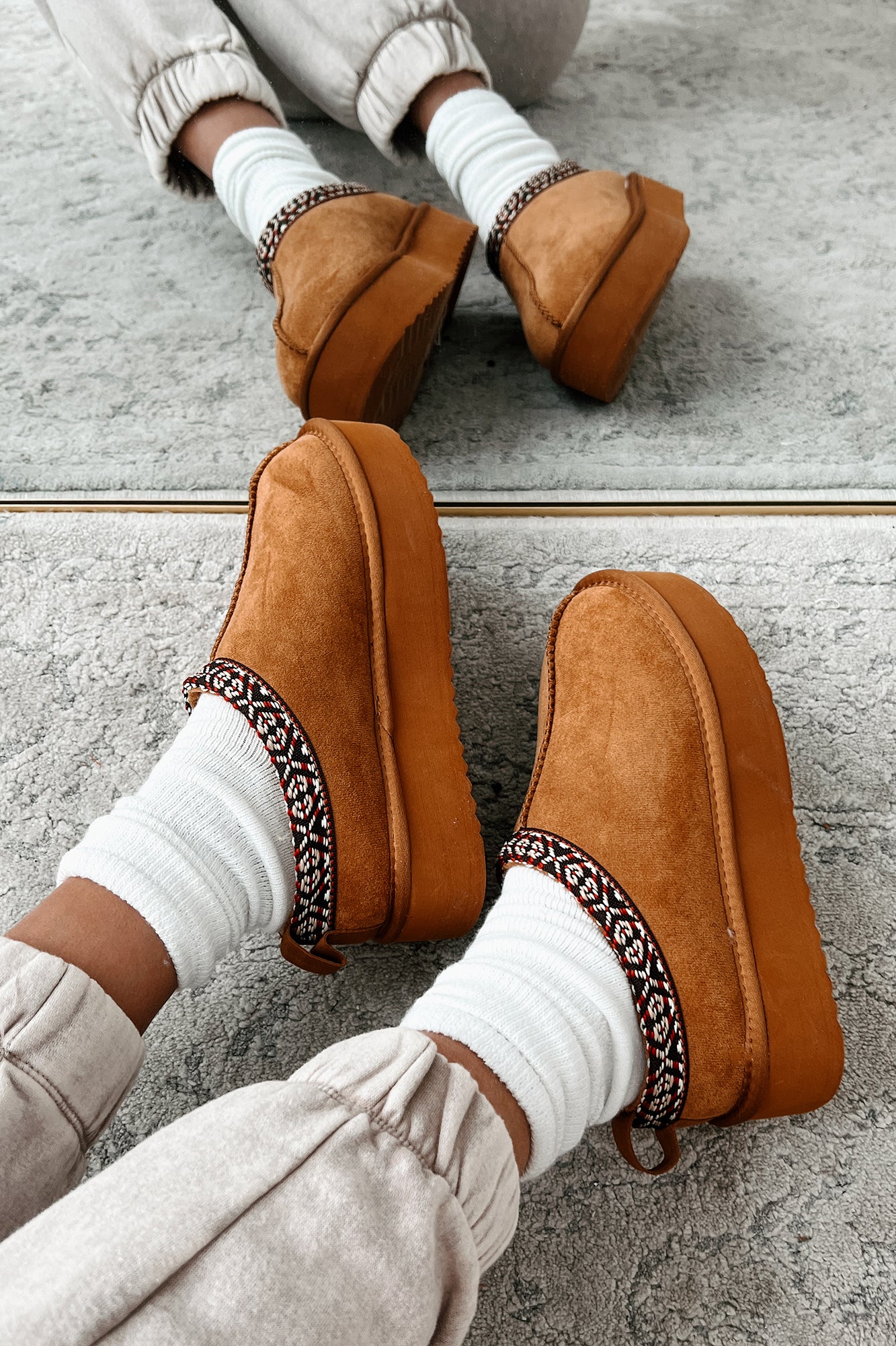 Walking Into Autumn Faux Fur Lined Platform Slip-Ons (Tan) - NanaMacs