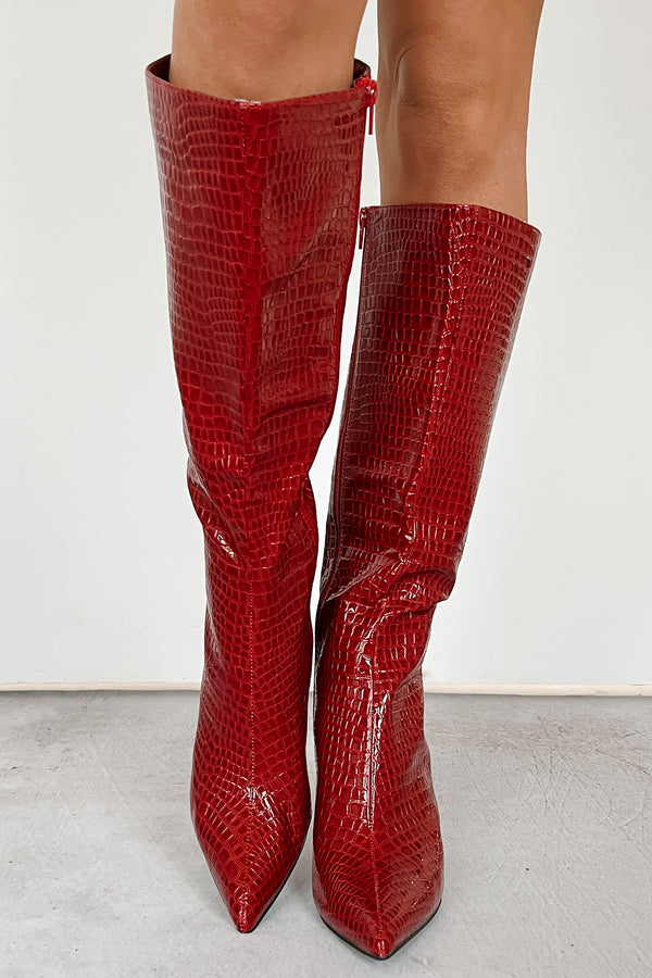 Spicy Attitude Faux Croc Knee High Stiletto Boots (Red) - NanaMacs