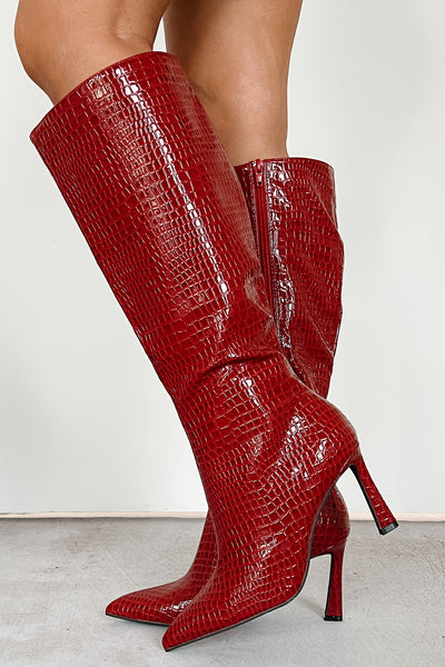 Spicy Attitude Faux Croc Knee High Stiletto Boots (Red) - NanaMacs