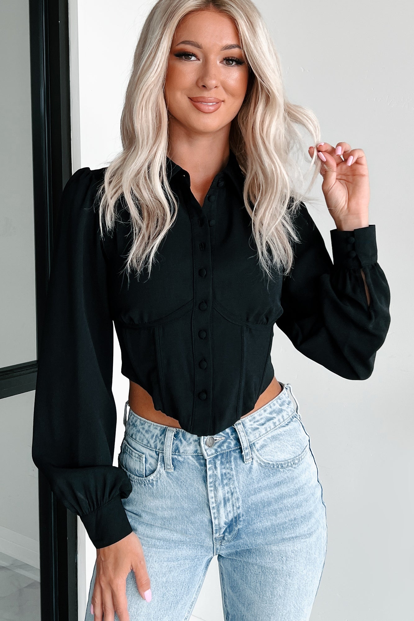 Becoming An Icon Long Sleeve Corset Blouse (Black) - NanaMacs