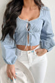 Hummingbird Kisses Tie Front Scallop Trim Top (Blue) - NanaMacs