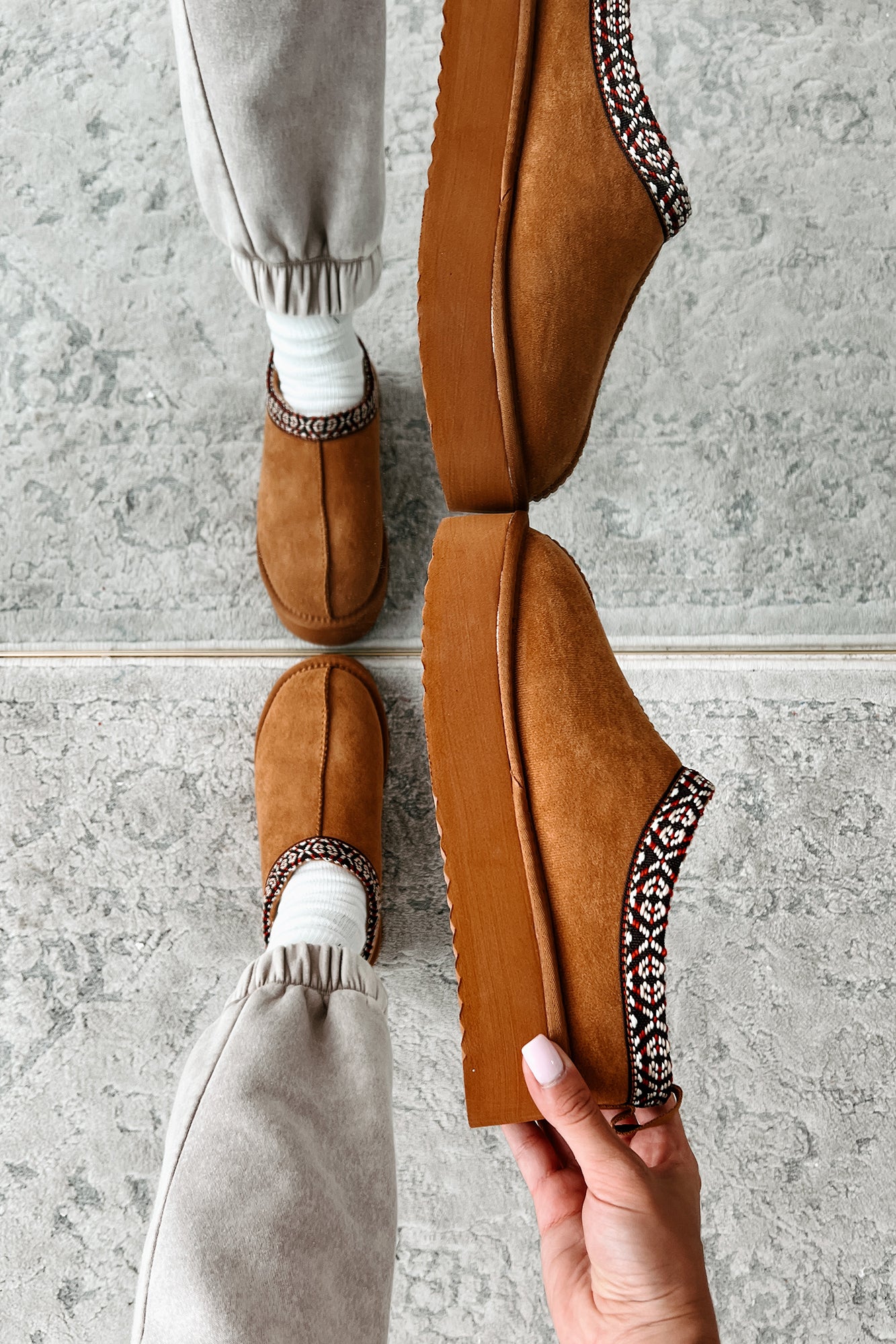 Walking Into Autumn Faux Fur Lined Platform Slip-Ons (Tan) - NanaMacs