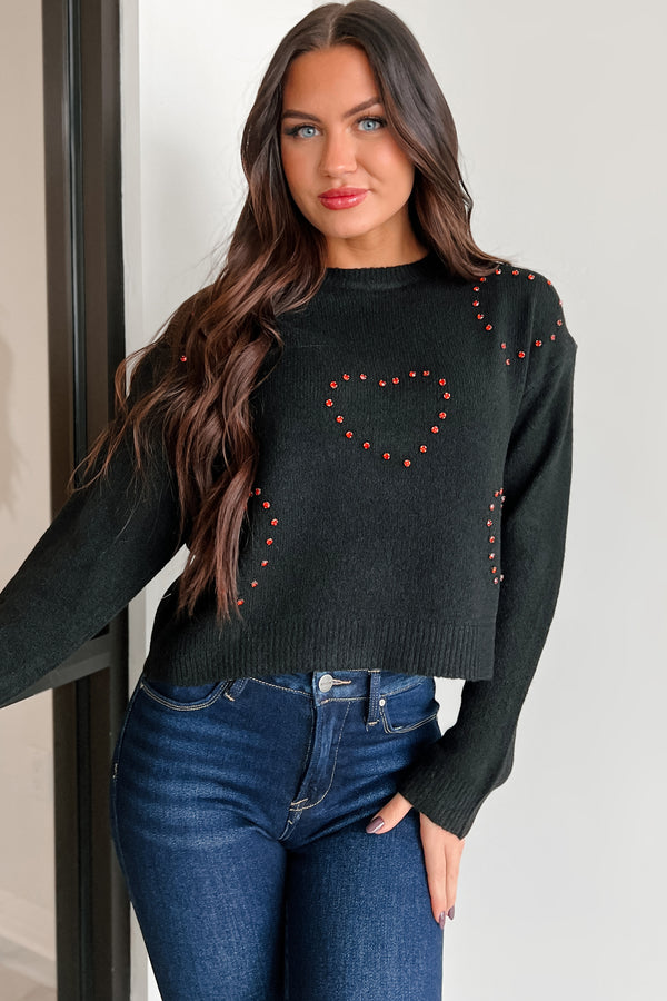 Loved You Forever Rhinestone Heart Sweater (Black) - NanaMacs