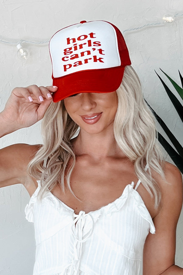 "Hot Girls Can't Park" Trucker Hat (Ivory/Red) - NanaMacs