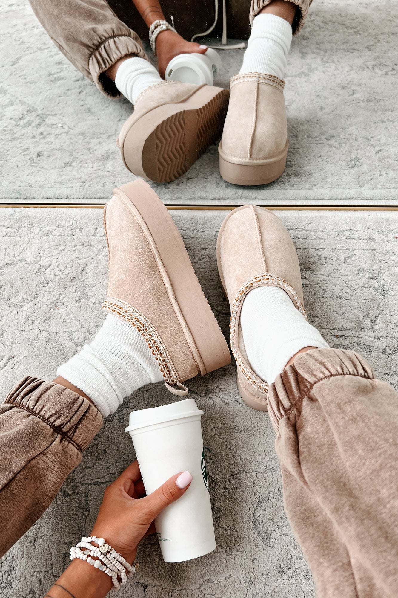 Walking Into Autumn Faux Fur Lined Platform Slip-Ons (Beige) - NanaMacs