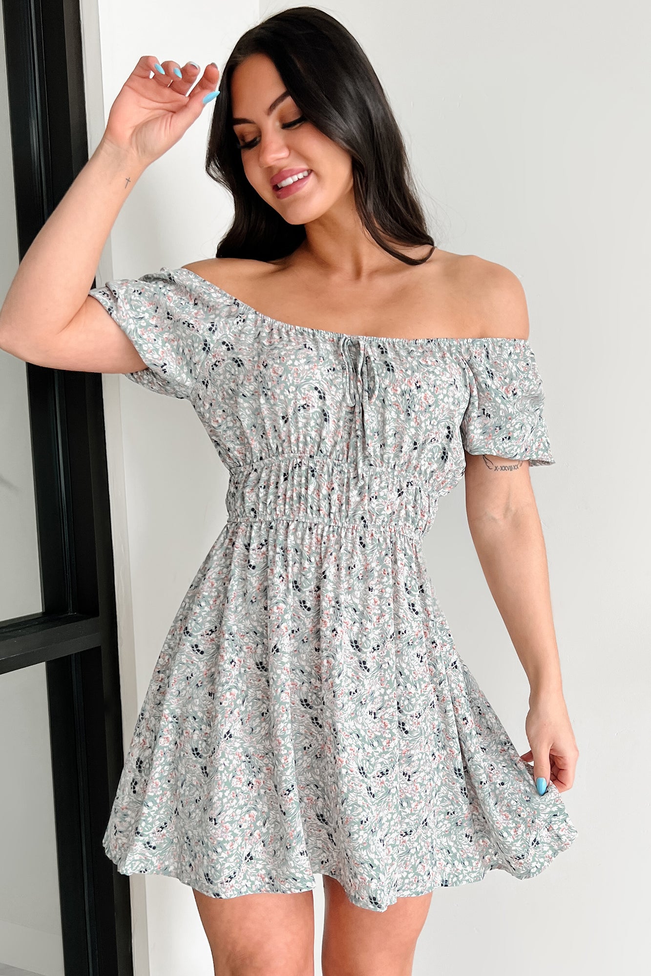 Women's Wildflower Wish Puff Sleeve Floral Mini Dress in Sage