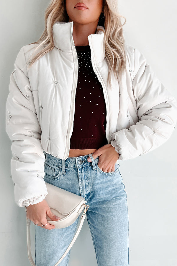 Frosted Femininity Rhinestone Puffer Jacket (Ivory) - NanaMacs