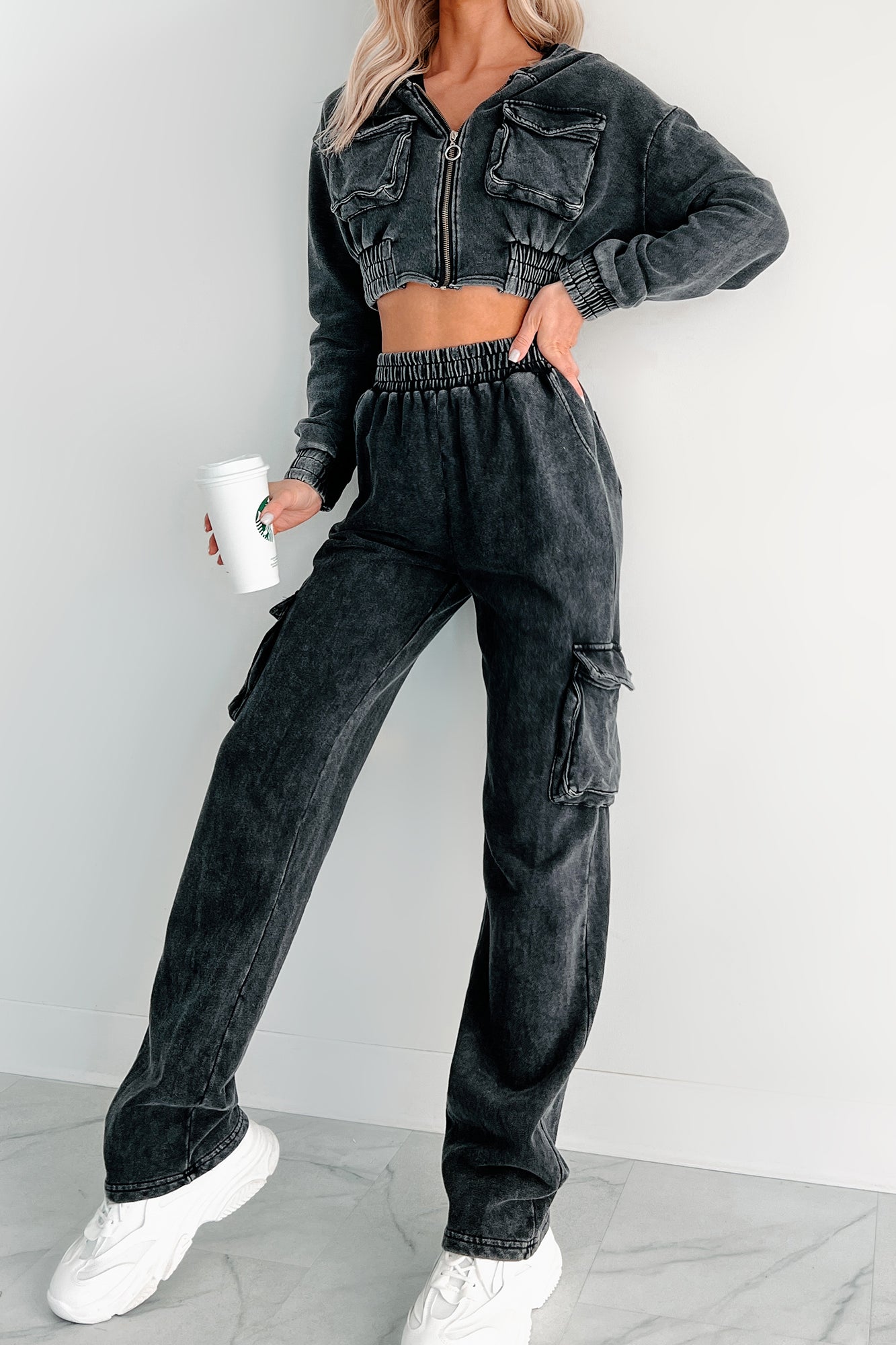 Talk Later Mineral Wash Hoodie & Sweatpants Set (Black) - NanaMacs