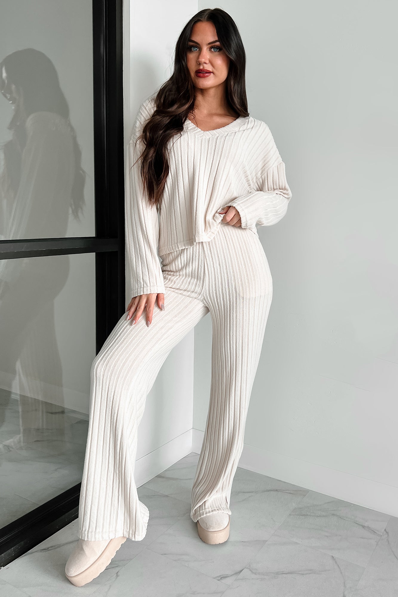 Lazy Sunday Ribbed Knit Sweater V Neck Loungewear Set (Oatmeal) - NanaMacs