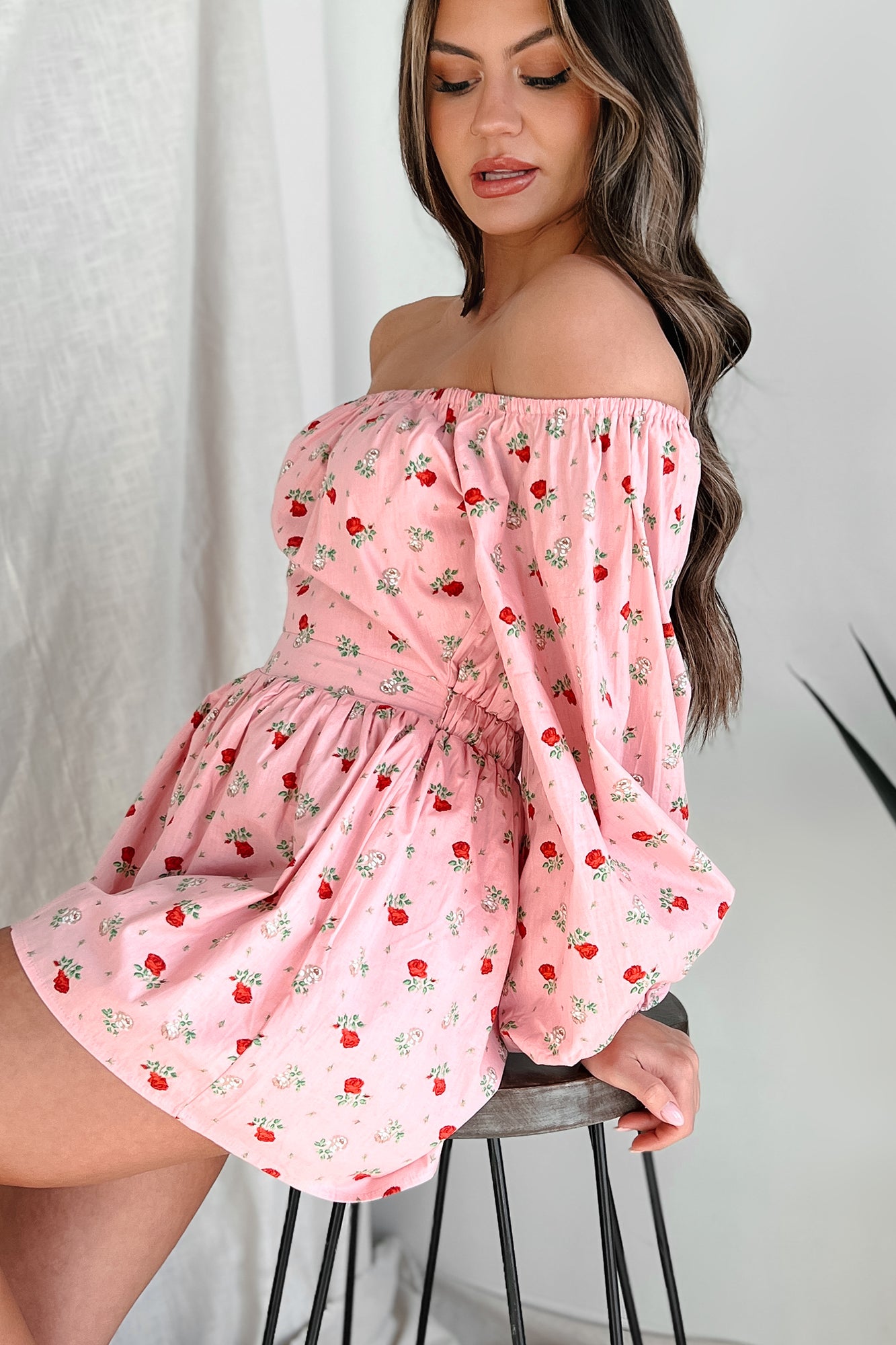 Captivating Blossoms Off The Shoulder Floral Print Romper (Pink) - NanaMacs