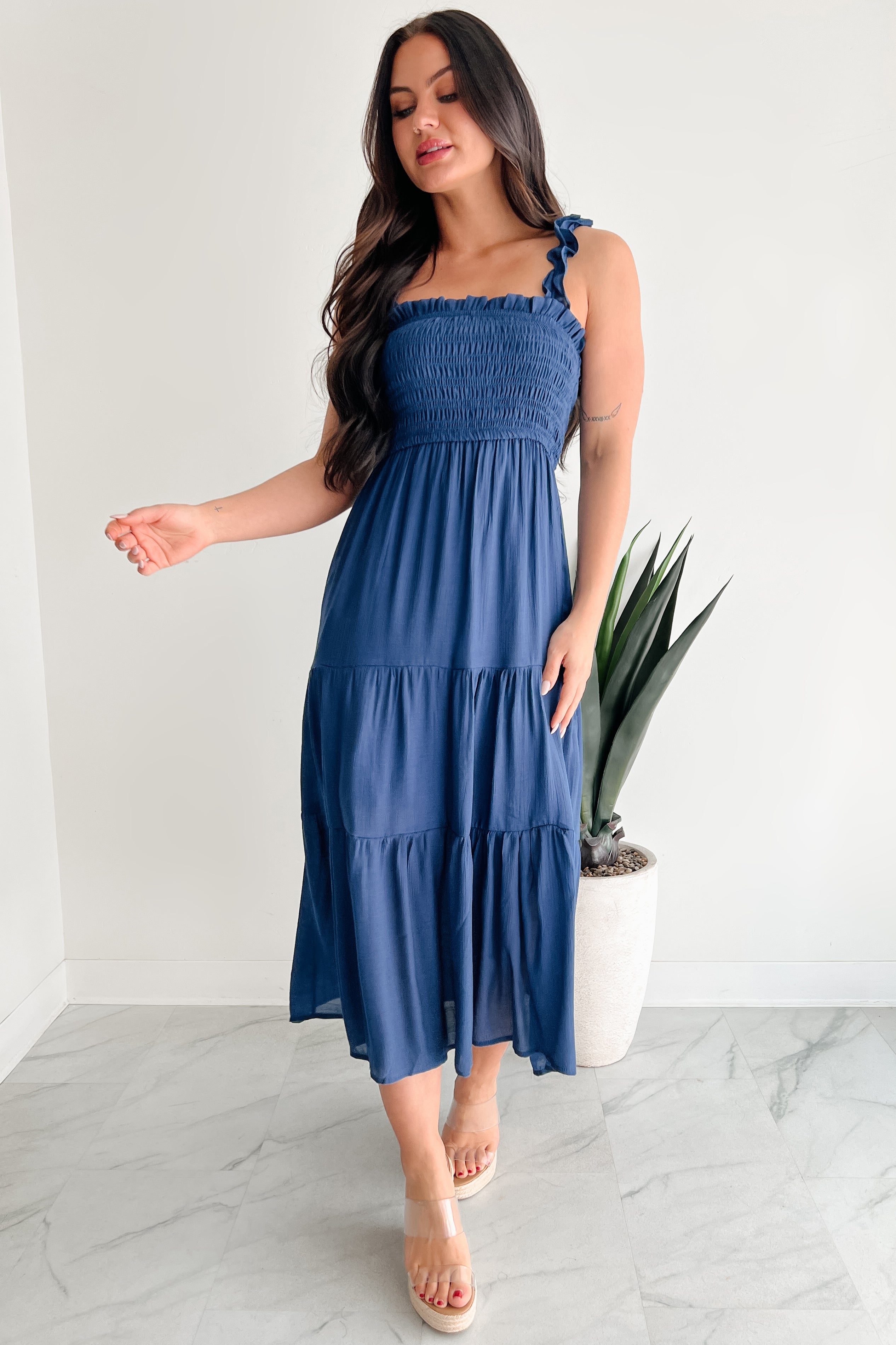 Wild Roots Sleeveless Smocked Maxi Dress (Navy) - NanaMacs