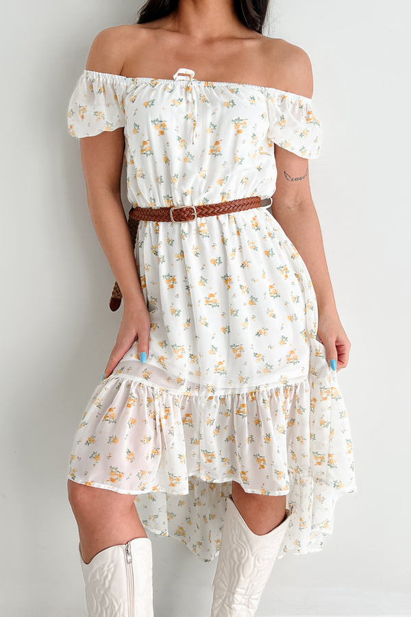 Ruffle In The Breeze High-Low Floral Print Dress (Ivory/Gold) - NanaMacs