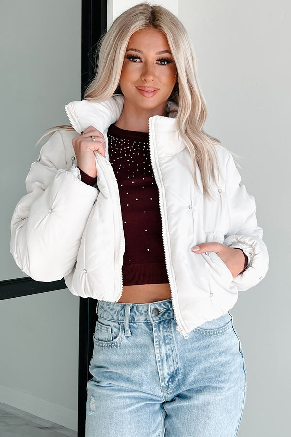 Frosted Femininity Rhinestone Puffer Jacket (Ivory) - NanaMacs