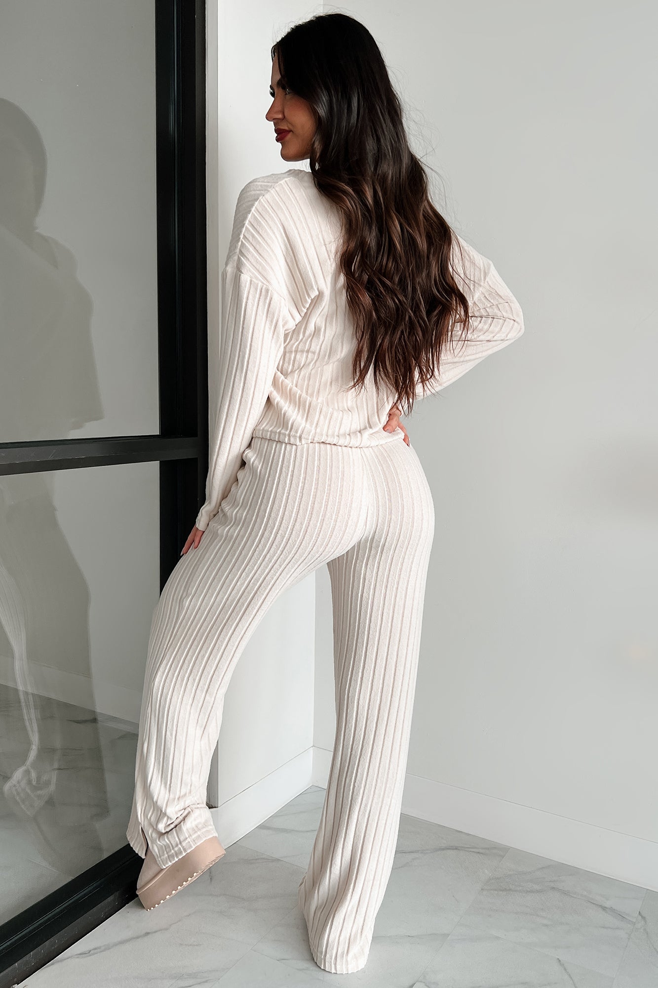 Lazy Sunday Ribbed Knit Sweater V Neck Loungewear Set (Oatmeal) - NanaMacs