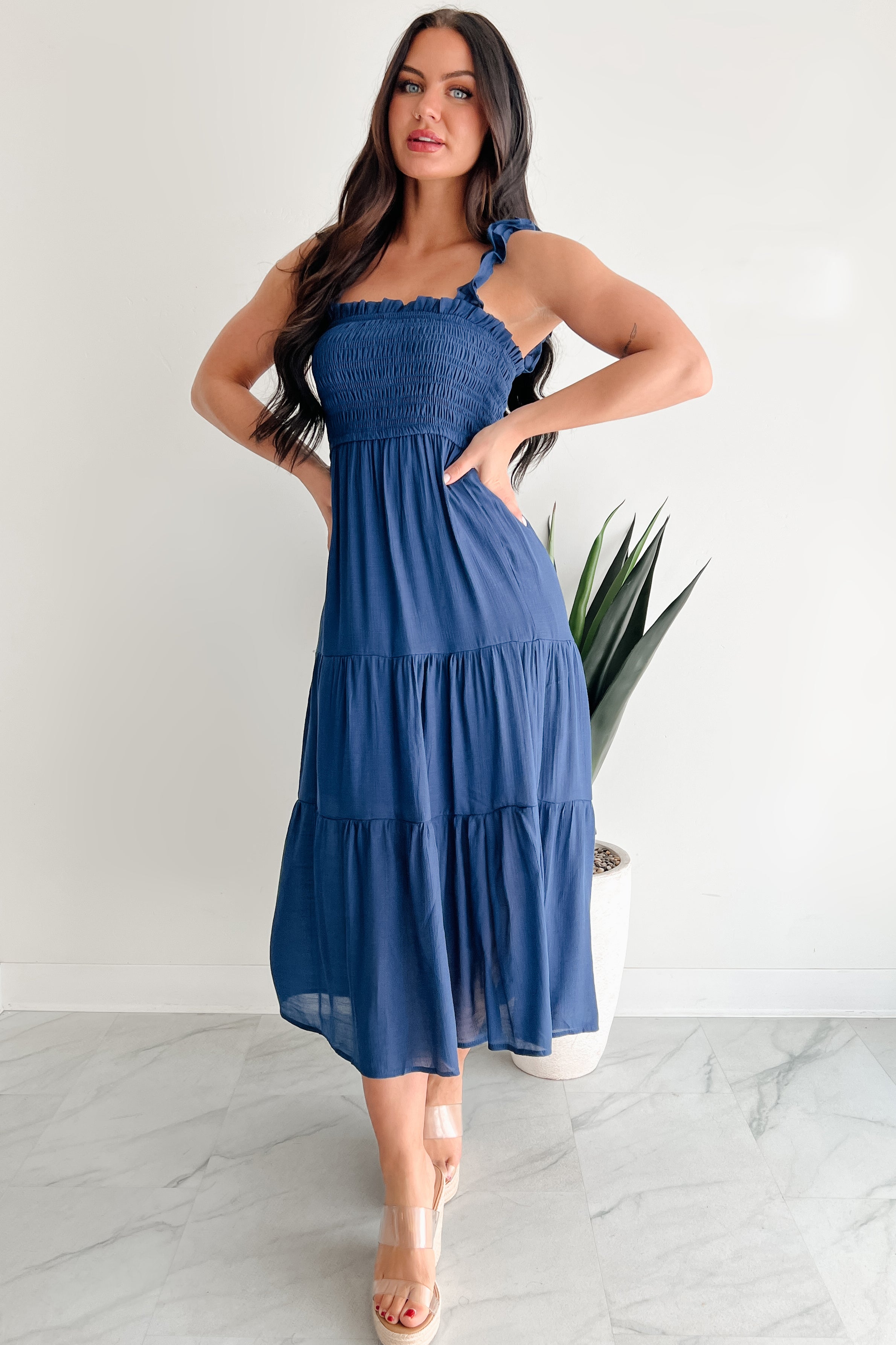 Wild Roots Sleeveless Smocked Maxi Dress (Navy) - NanaMacs