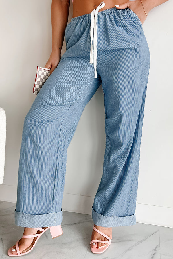 Dinah Cuffed Hem Wide Leg Striped Pants (Light Denim Stripe) - NanaMacs