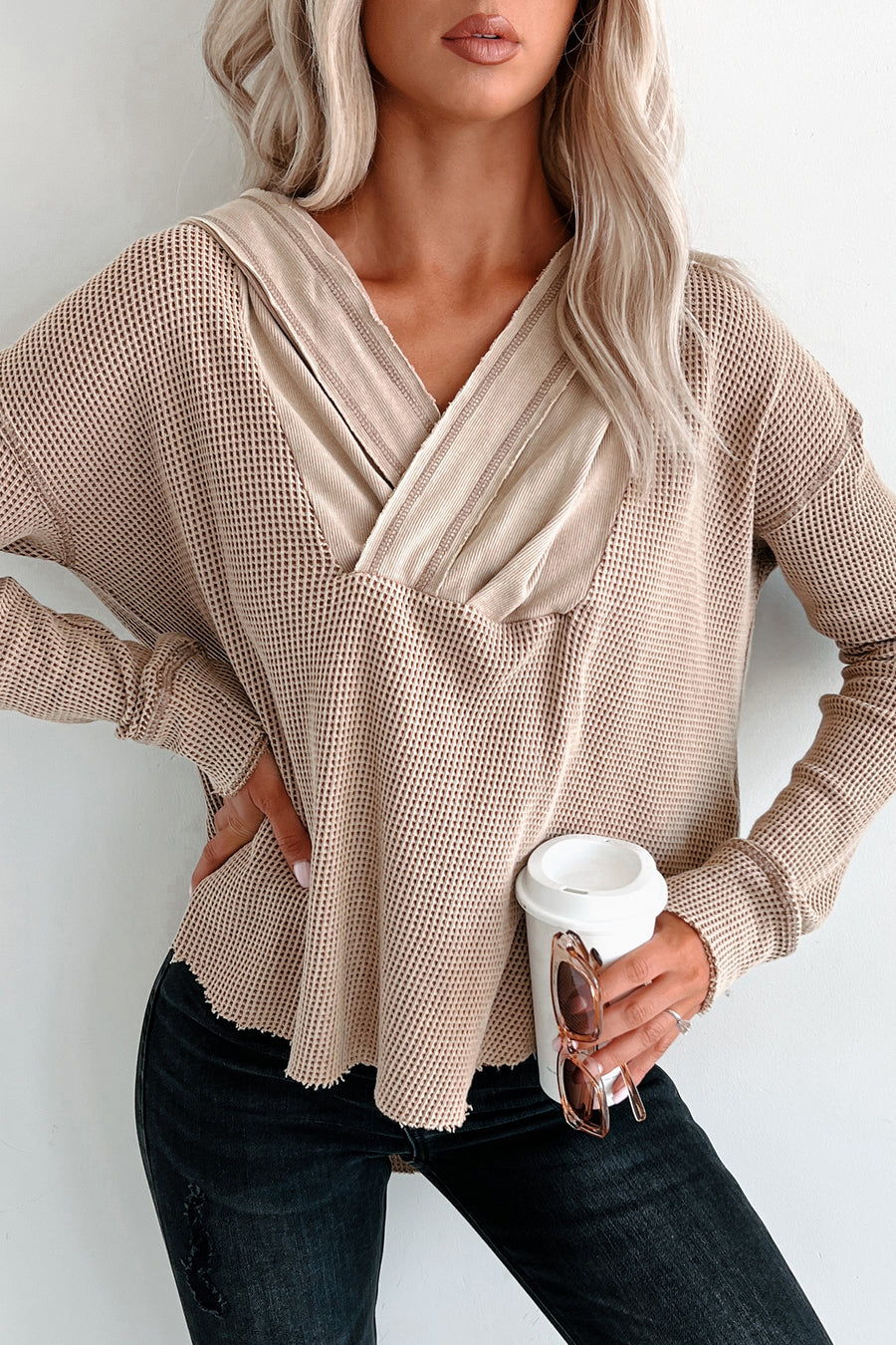 Maple Lane High-Low Hooded Waffle Top (Vintage Latte) - NanaMacs