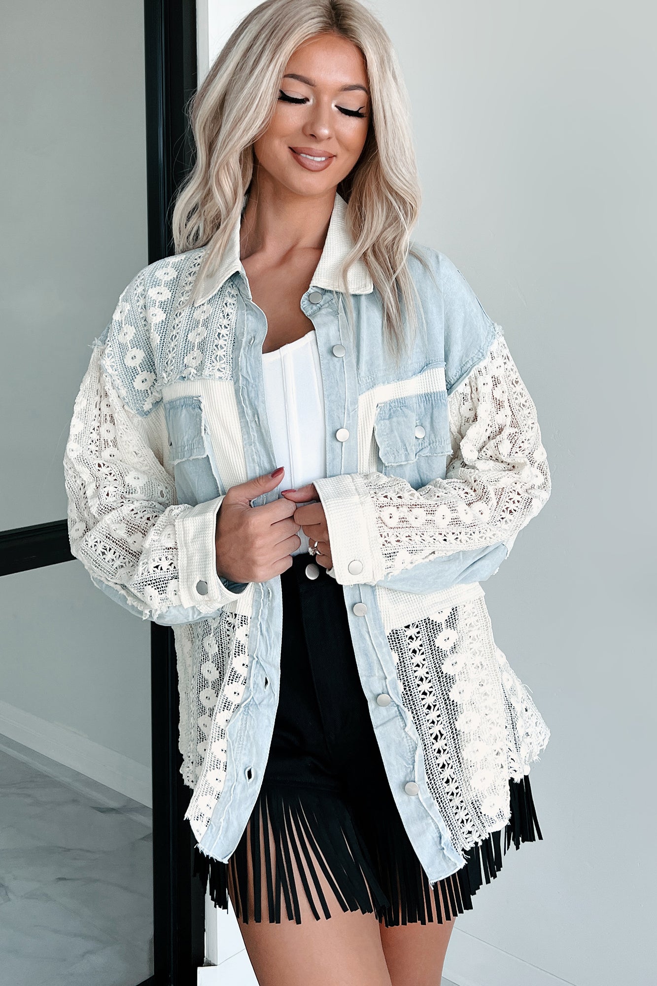 Ships By 6/3 Unique & Interesting Lace Crochet Button-Down Shirt (Denim)