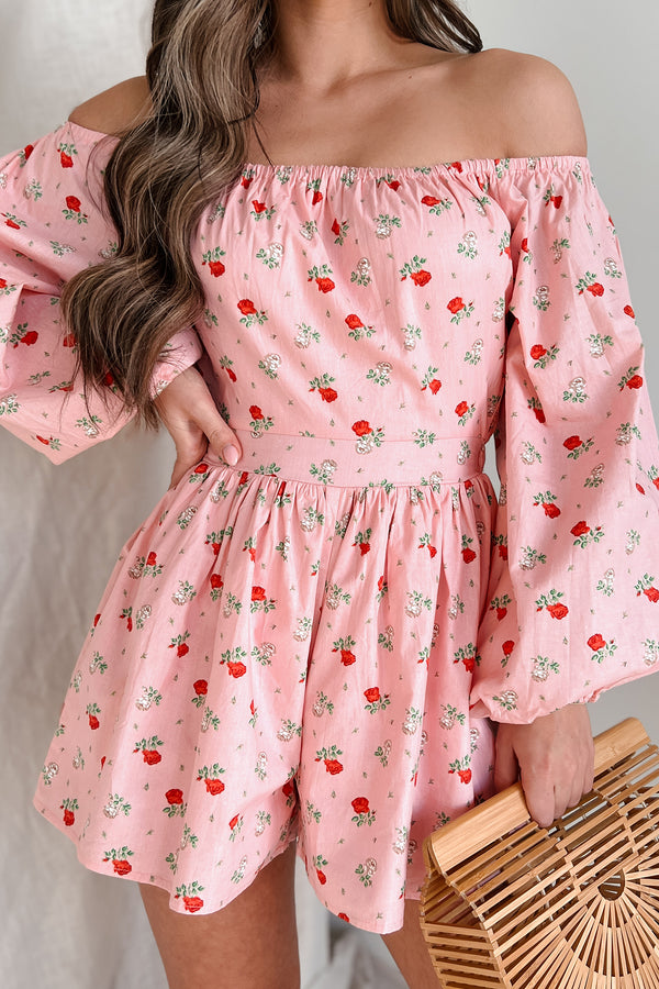 Captivating Blossoms Off The Shoulder Floral Print Romper (Pink) - NanaMacs