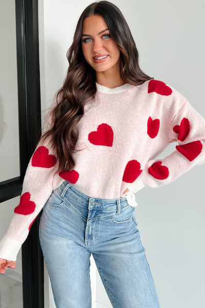 Love Knows All Heart Print Sweater (Cream/Red) - NanaMacs