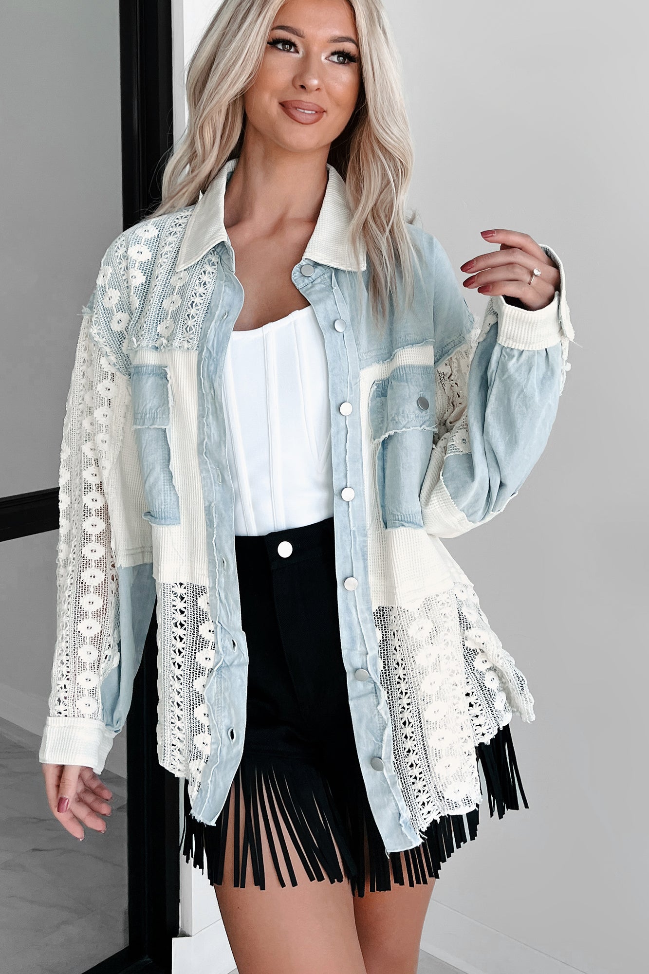 Ships By 6/3 Unique & Interesting Lace Crochet Button-Down Shirt (Denim)