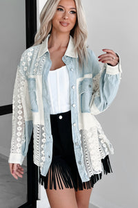 Ships By 6/3 Unique & Interesting Lace Crochet Button-Down Shirt (Denim)