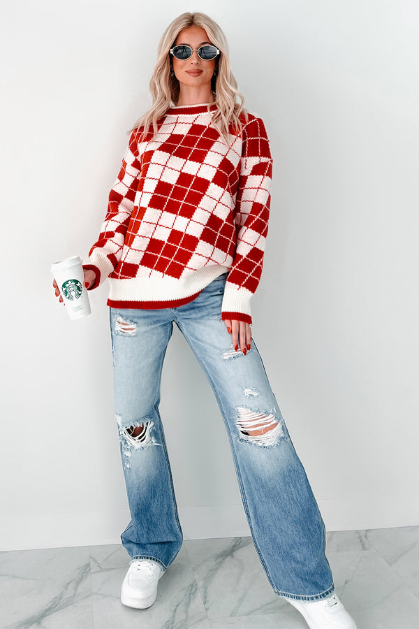 Older Soul Oversized Checker Sweater (Red/Cream) - NanaMacs