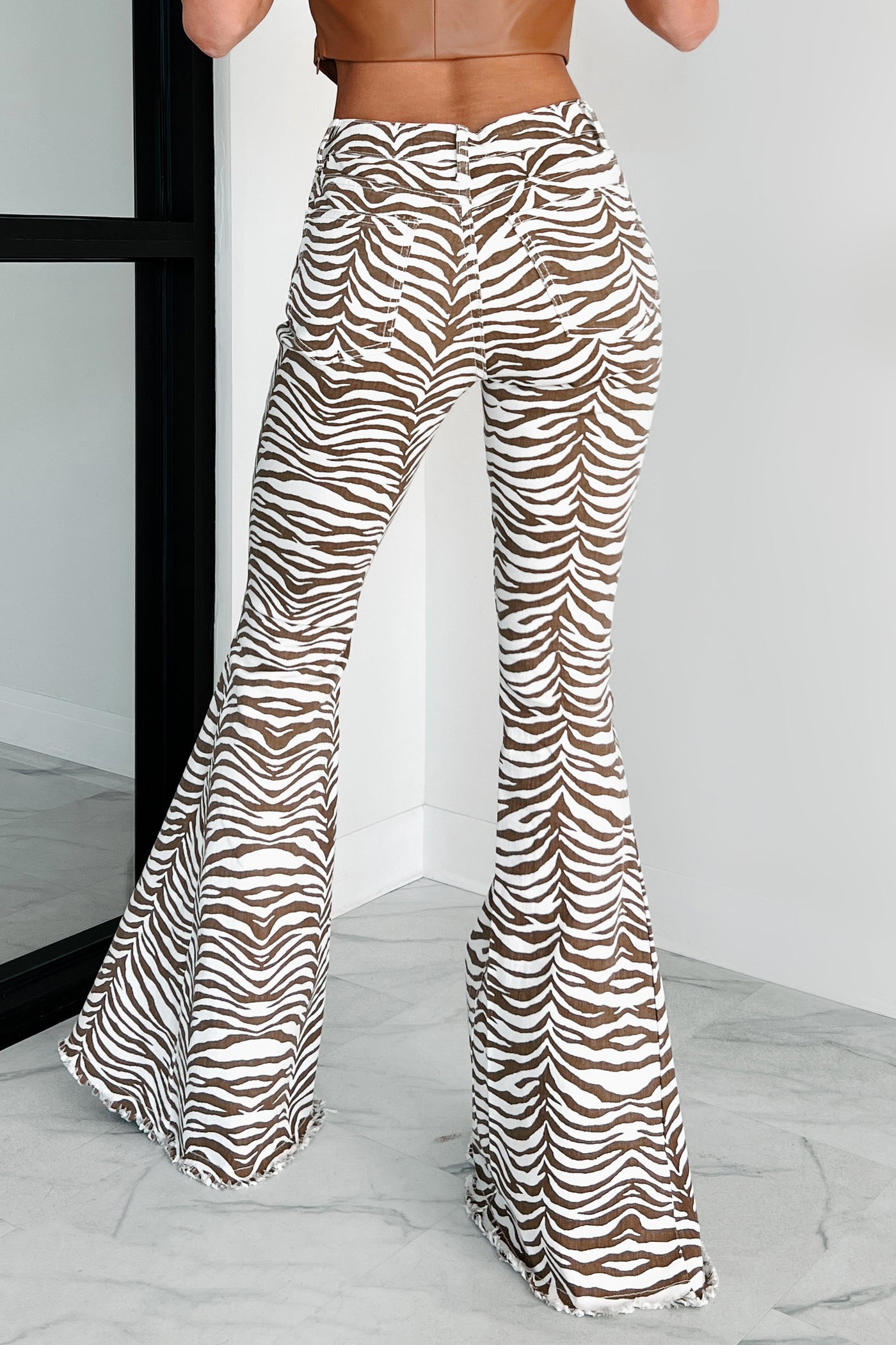 Crazy & Wild Zebra Print Denim Flare Pants (Ivory/Taupe) - NanaMacs