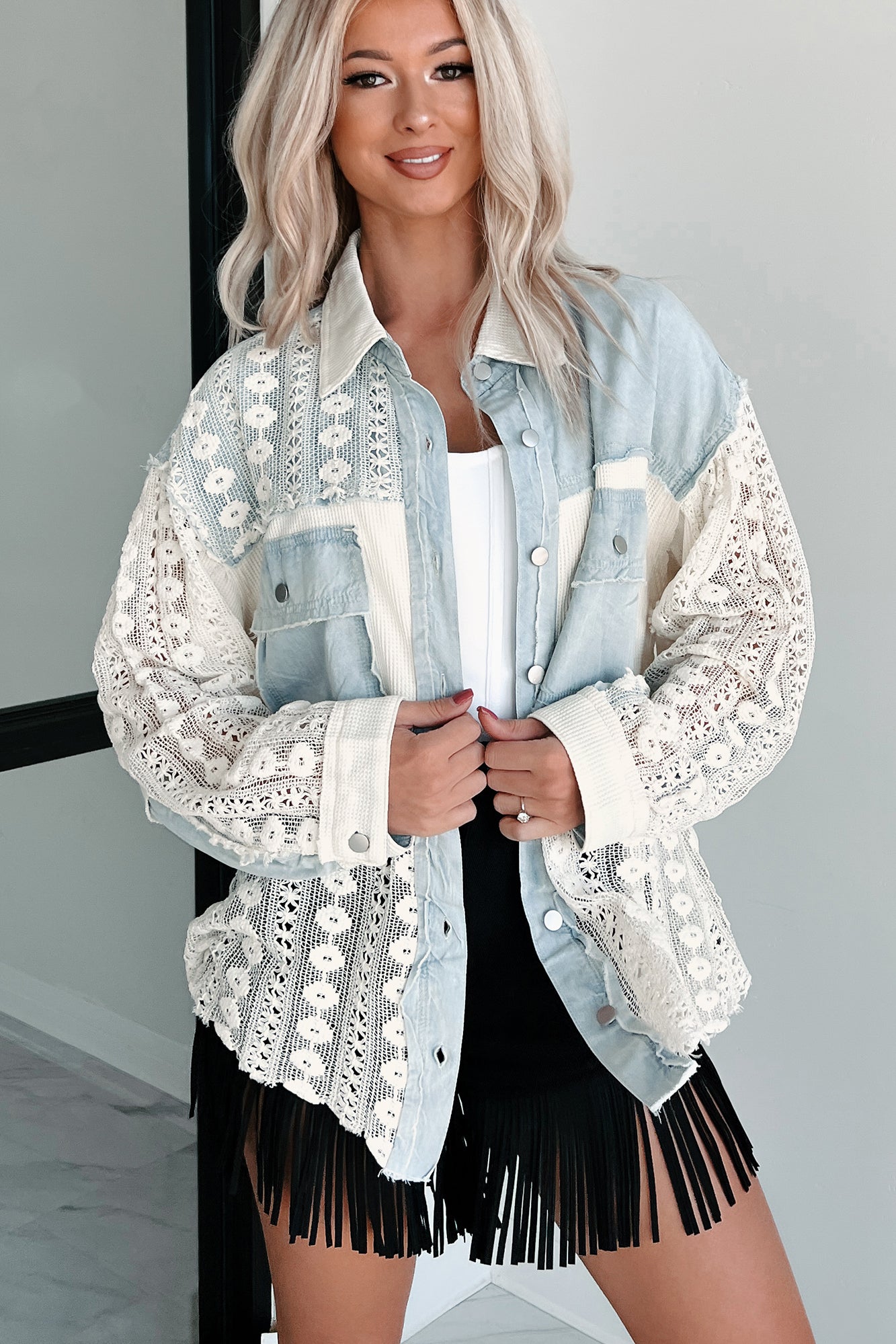 Ships By 6/3 Unique & Interesting Lace Crochet Button-Down Shirt (Denim)