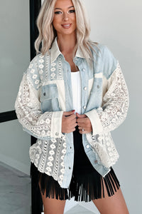 Ships By 6/3 Unique & Interesting Lace Crochet Button-Down Shirt (Denim)
