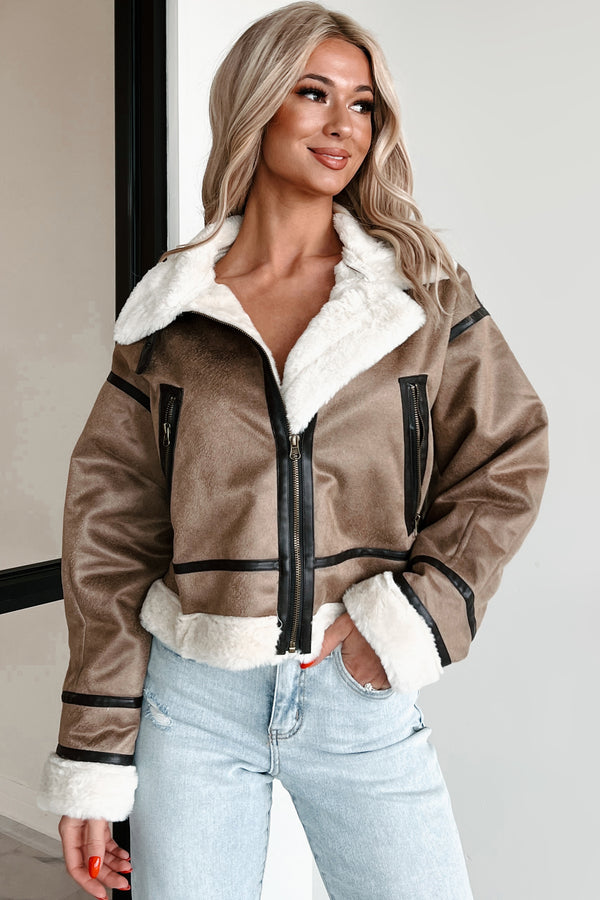 Quiet Luxury Suede Jacket With Faux Fur Contrast (Mocha) - NanaMacs