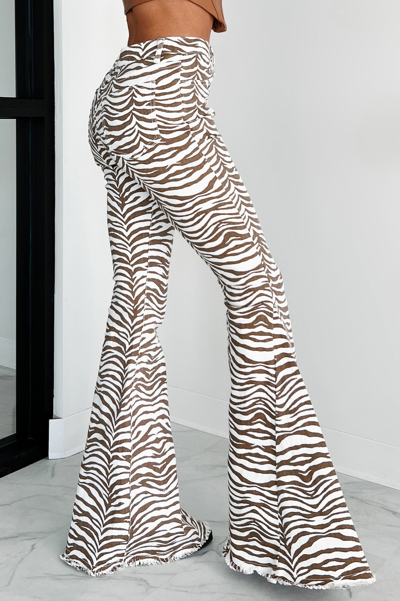 Crazy & Wild Zebra Print Denim Flare Pants (Ivory/Taupe) - NanaMacs