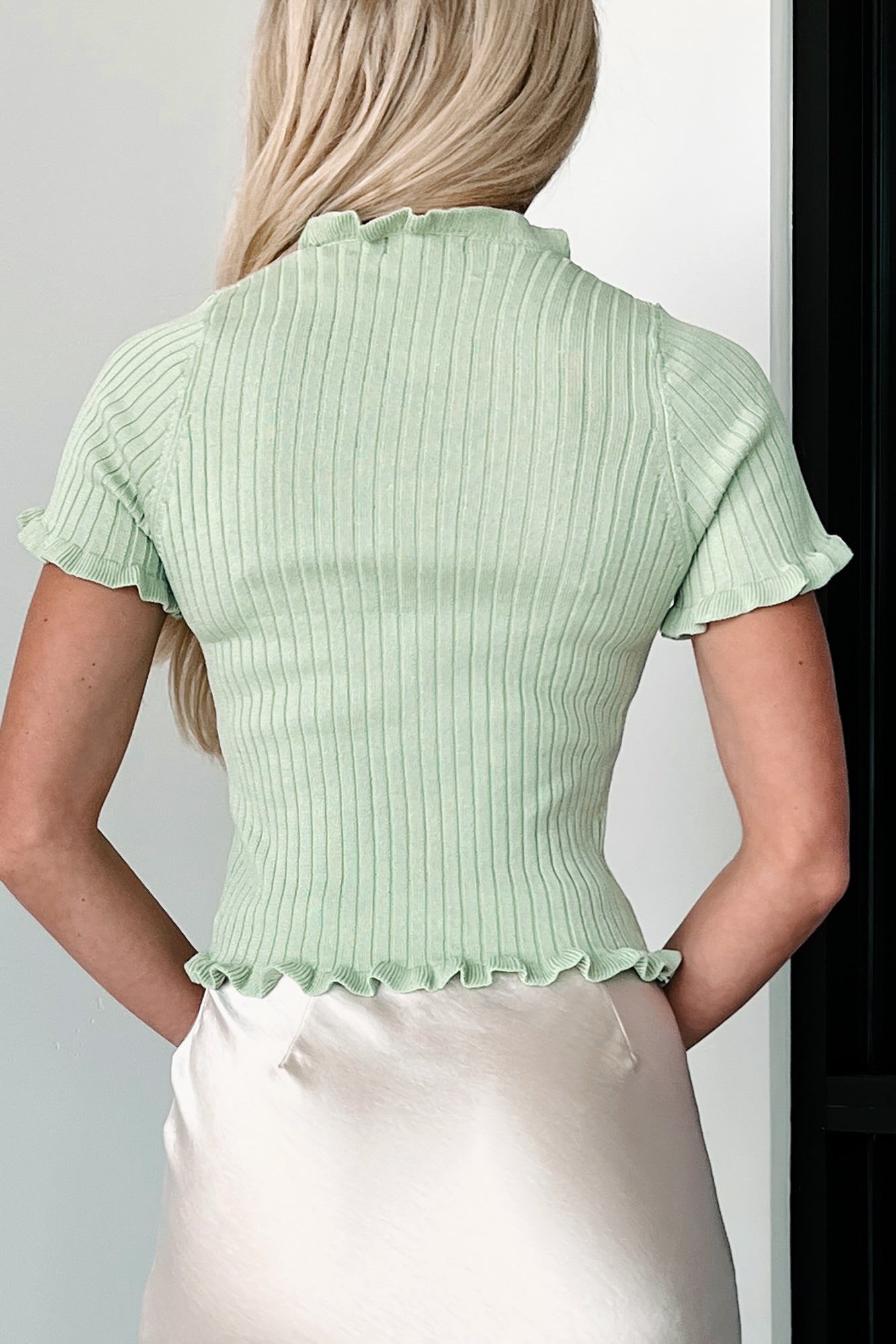 Iconic Love Split Front Ruffled Sweater Top (Light Green) · NanaMacs