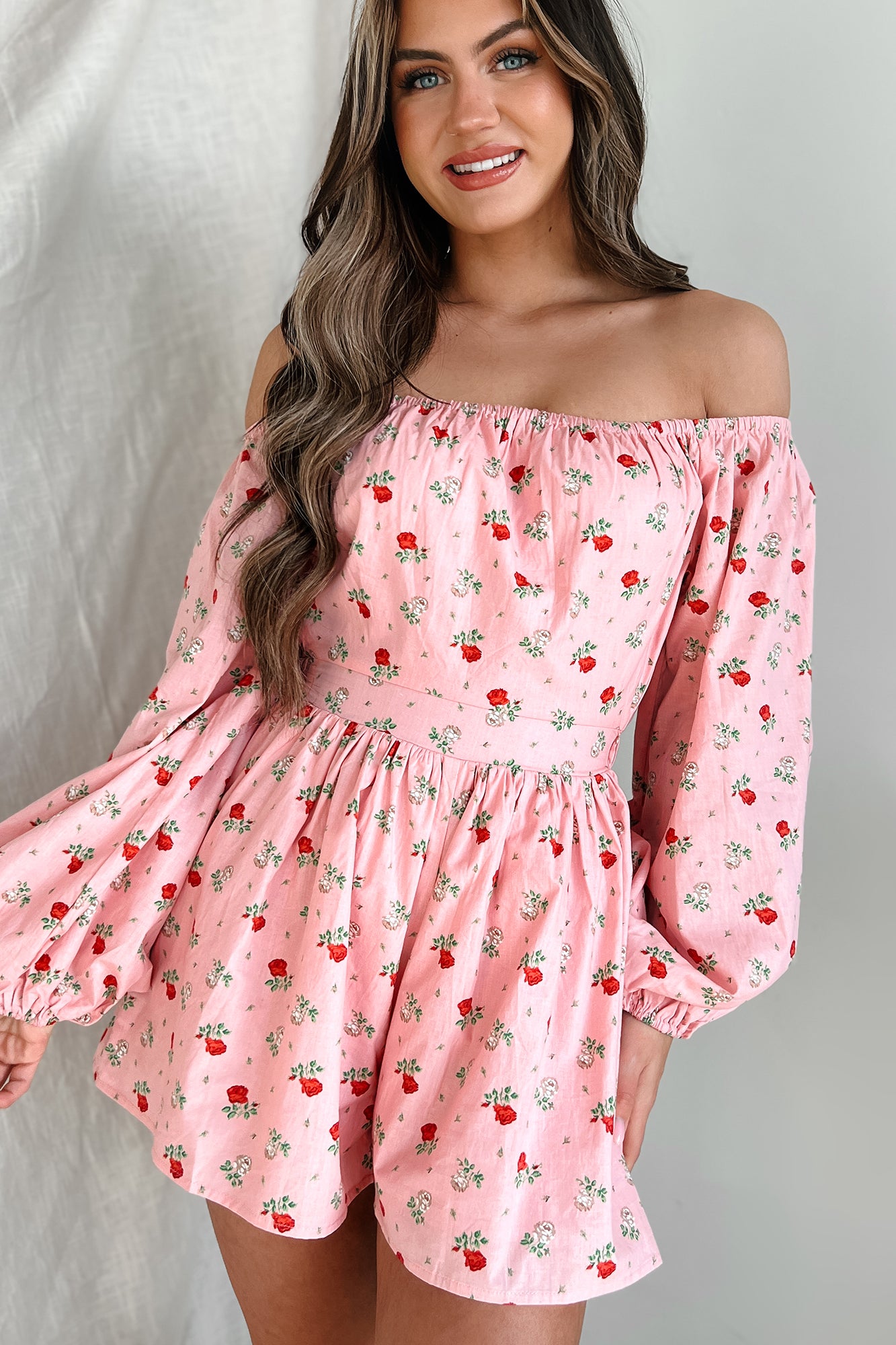 Captivating Blossoms Off The Shoulder Floral Print Romper (Pink) - NanaMacs