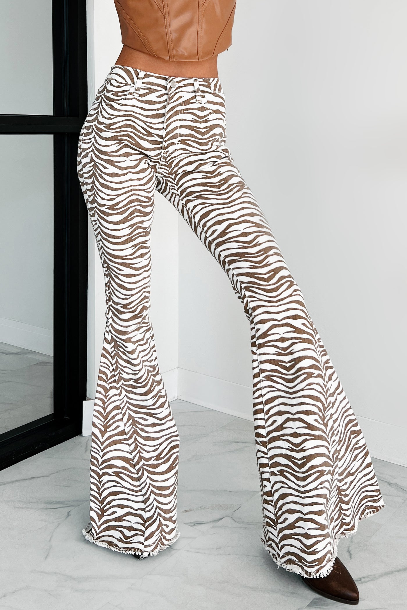 Crazy & Wild Zebra Print Denim Flare Pants (Ivory/Taupe) - NanaMacs