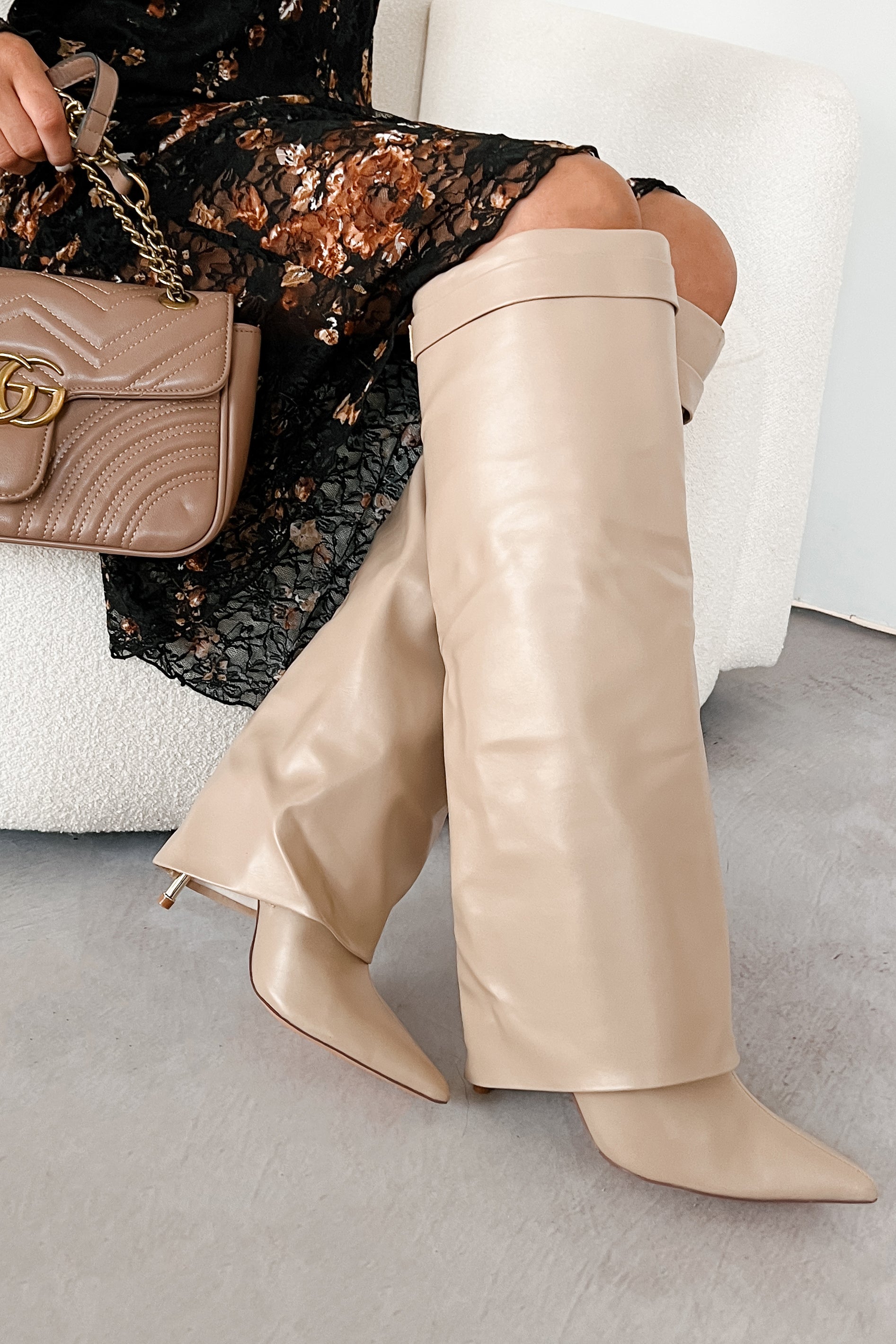 Business Moves Fold Over Knee High Boots (Cream Pu) - NanaMacs